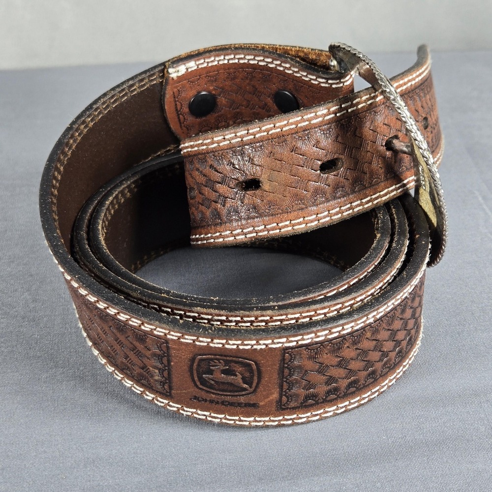 Vintage John Deere Mens 44 Belt Brown Leather Basketweave Tooled Western 90s - Picture 3 of 12
